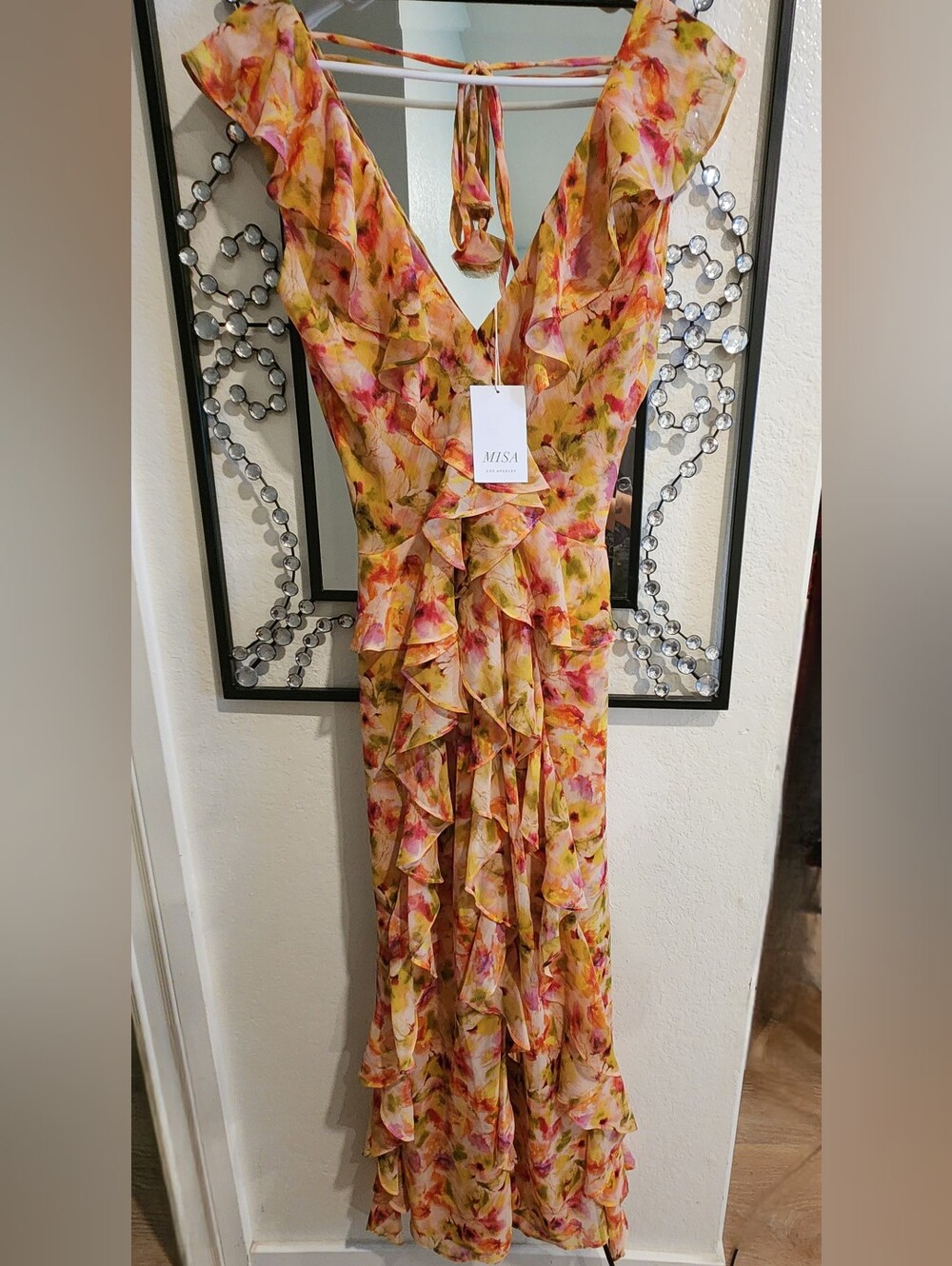 MISA Los Angeles Womens Claudita Floral Chiffon Ruffle Maxi Dress Multicolor XS
